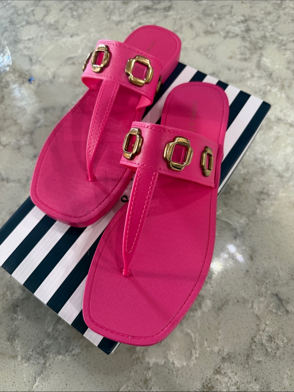 crown & ivy Hot Pink T-Strap Sandals with Gold Accents